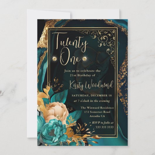 Invitation Luxe Turquoise et or Floral Agate Anniversaire (Devant)