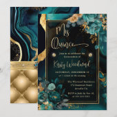 Invitation Luxe Turquoise et or Floral Agate Quinceanera (Devant / Derrière)