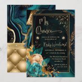 Invitation Luxe Turquoise et or Floral Agate Quinceanera (Devant / Derrière)