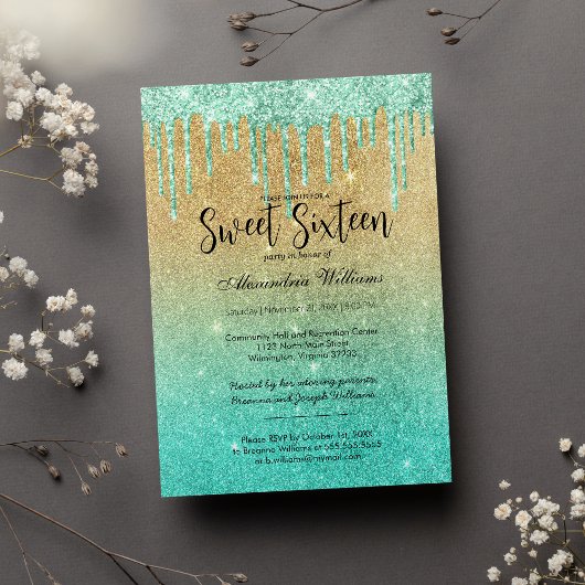 Invitation Luxe turquoise or ombre parties scintillant goutte
