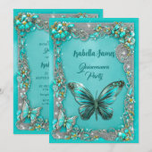 Invitation luxe turquoise Quinceanera parti Butterfly chic (Devant / Derrière)