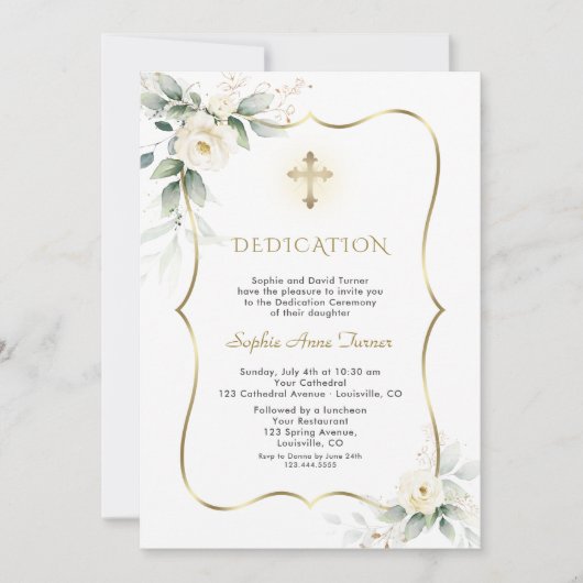 Invitation Luxe Verdure Blanc Floral Dédication Fille (Devant)