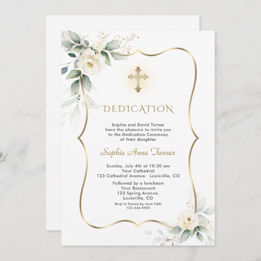 Invitation Luxe Verdure Blanc Floral Dédication Fille (Devant / Derrière)