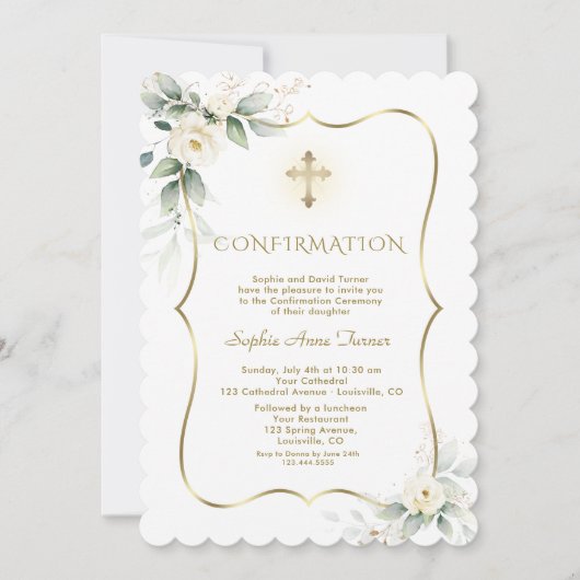 Invitation Luxe Verdure Blanc Floral Fille Confirmation (Devant)