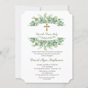Invitation Luxe Verdure Croix d'Or Sainte Communion