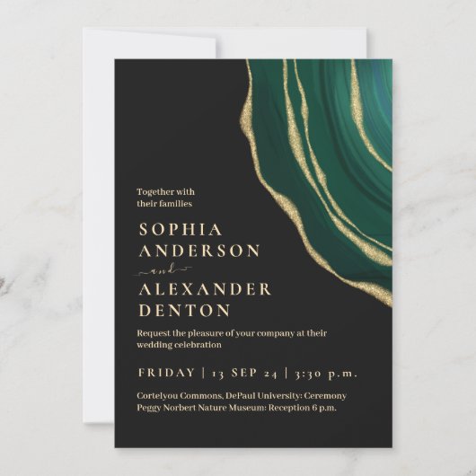 Invitation Luxe vert et or agate foncé mariage (Devant)