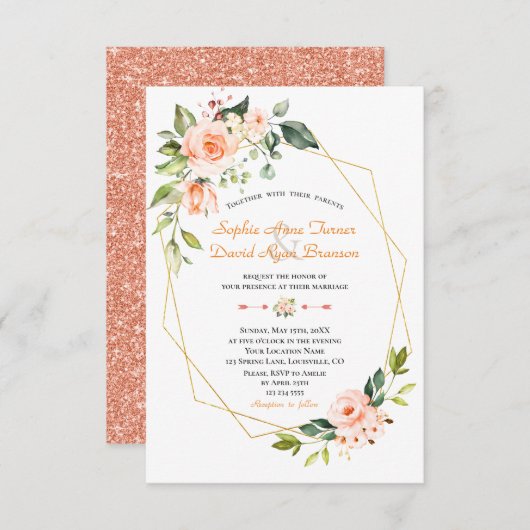 Invitation Luxe Vivant Fleurs de Corail Mariage Or (Devant / Derrière)