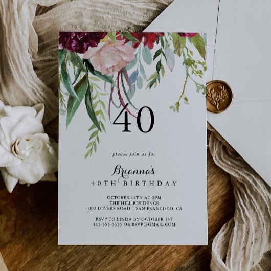 Invitation Luxe Whimsical Boho Floral 40e fête d'anniversaire