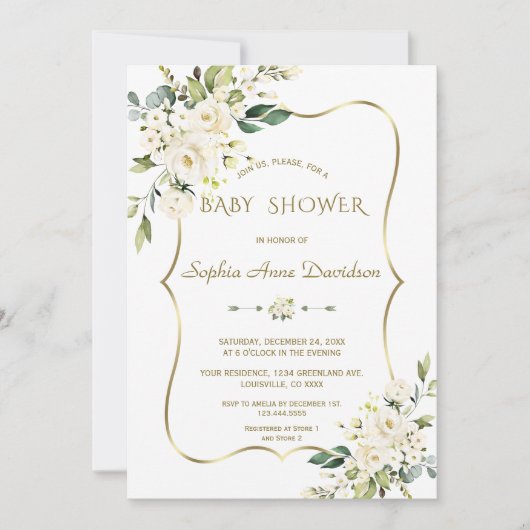 Invitation Luxe White Cream Flowers Gold Baby shower (Devant)