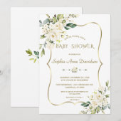 Invitation Luxe White Cream Flowers Gold Baby shower (Devant / Derrière)