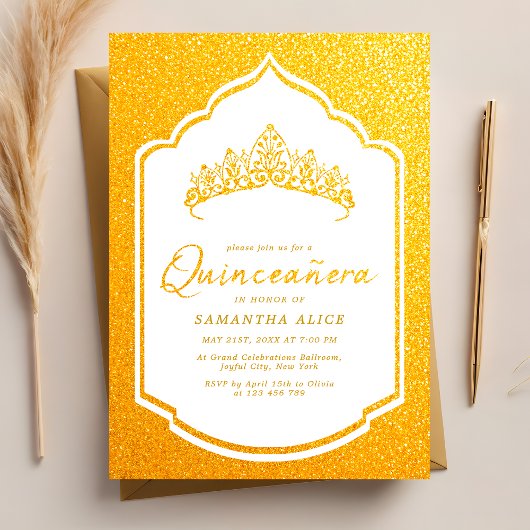 Invitation Luxueuse Crown White et Gold Quinceanera
