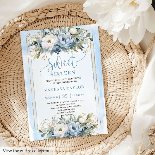 Invitation Luxueuse Dusty Bleu Blanc Or Fleurs Douce 16