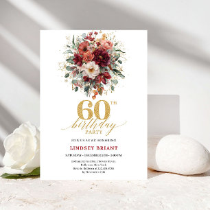 Invitation Luxueuse Fleurs Rouge Profond Or pour 6