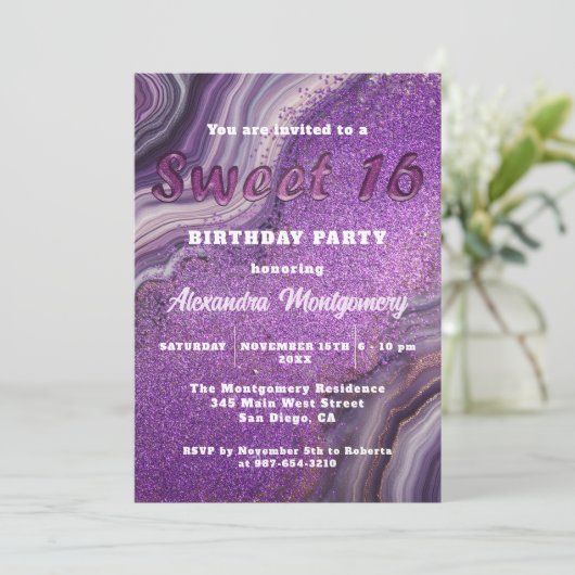Invitation Luxueuse Parties scintillant violet Agate Marbre d (Debout devant)