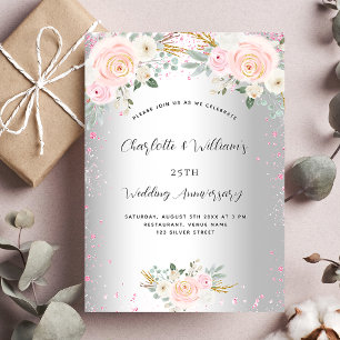 Invitation Luxueux 25e anniversaire de mariage floral rose ar