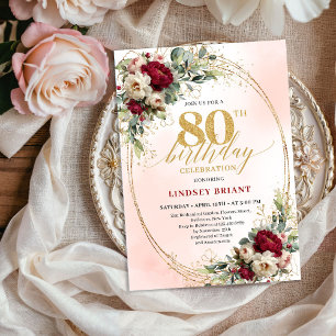 Invitation Luxueux Anniversaire 80 Ans Floral Bohème Bourgogn