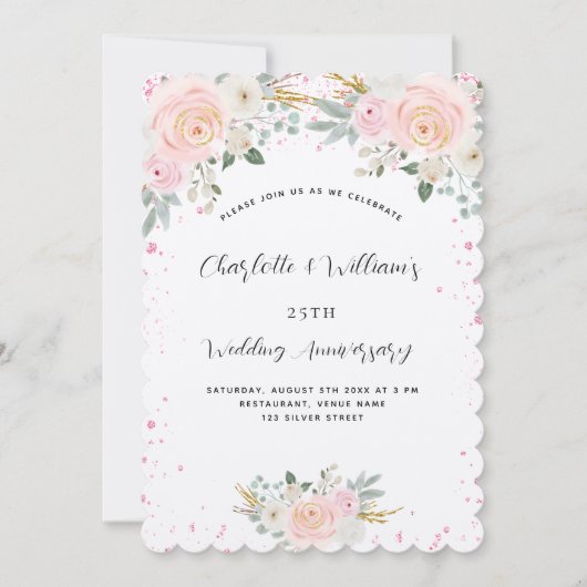 Invitation Luxueux anniversaire de mariage de 25 ans à fleurs (Devant)
