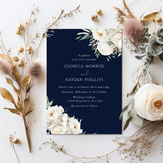 Invitation Luxueux blanc Floral Premium Mariage