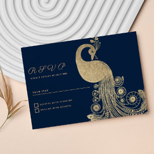 Invitation Luxueux bleu or royal paon élégant RSVP
