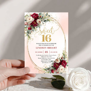 Invitation Luxueux Boho Rouge Profond Or Floral Sweet Seize 