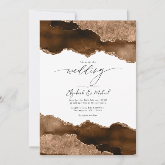Invitation Luxueux Brown & Or Agate Mariage QR Code Rsvp (Devant)