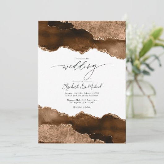 Invitation Luxueux Brown & Or Agate Mariage QR Code Rsvp (Debout devant)