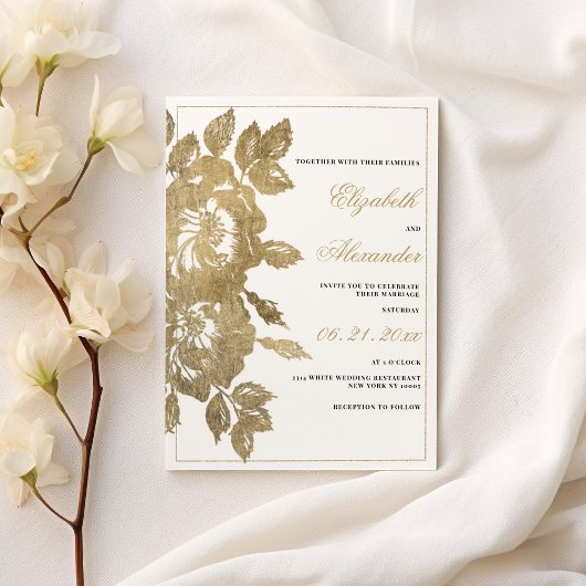 Invitation Luxueux classique or blanc rose mariage à fleurs