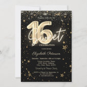 Invitation Luxueux Diamants Or Étoiles Noir Sweet 16 (Devant)