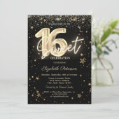 Invitation Luxueux Diamants Or Étoiles Noir Sweet 16 (Debout devant)