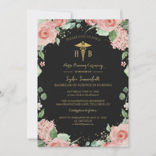 Invitation Luxueux floral noir et or pour infirmière diplômée