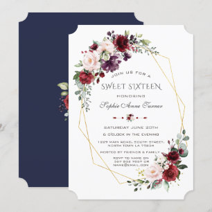 Invitation Luxueux floral rose Bourgogne or Sweet Sixteen