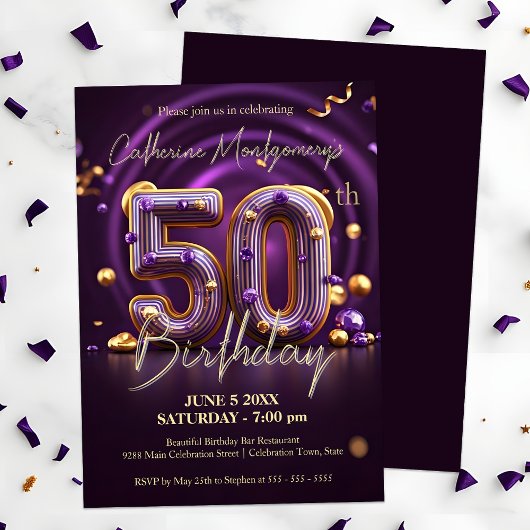 Invitation Luxueux foncé violet et or 50e anniversaire