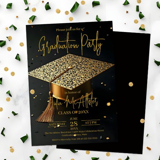 Invitation Luxueux Golden Glitz Casquette Graduation Party