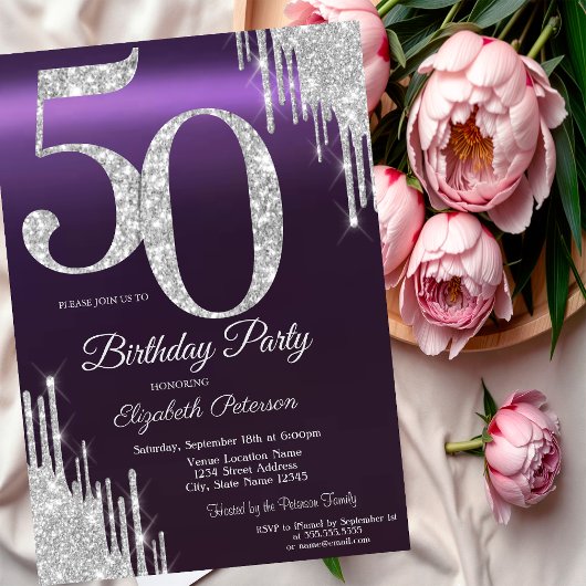 Invitation Luxueux gouttes de paillettes argentées sur fond v