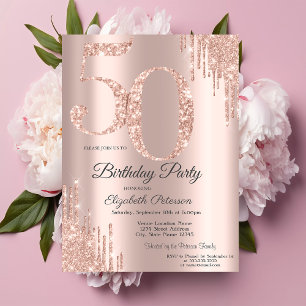 Invitation Luxueux Gouttes de Paillettes Or Rose 50e Annivers