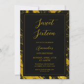 Invitation Luxueux Marbre Noir & Or Sweet 16 Anniversaire (Devant)