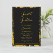 Invitation Luxueux Marbre Noir & Or Sweet 16 Anniversaire (Debout devant)