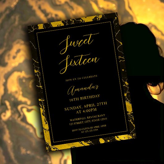Invitation Luxueux Marbre Noir & Or Sweet 16 Anniversaire