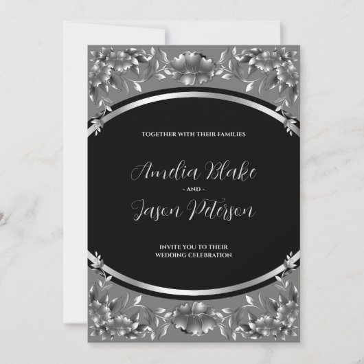 Invitation Luxueux Mariage de feuillage de sculpture d'argent (Devant)