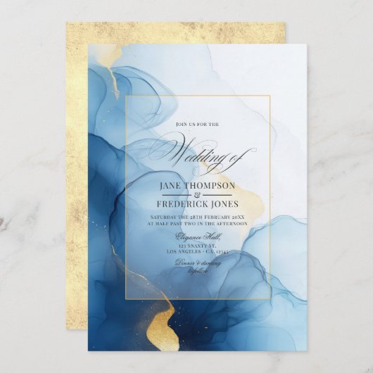 Invitation Luxueux Mariage d'encre bleue et dorée (Devant / Derrière)