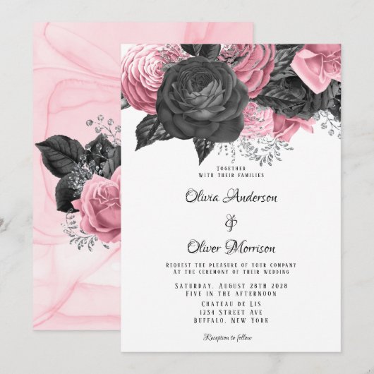 Invitation Luxueux Mariage d'encre rose et noire (Devant / Derrière)