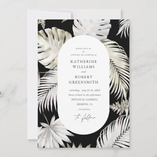 Invitation Luxueux Mariage noir de feuillage Tropical (Devant)