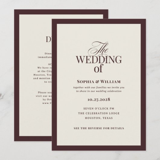Invitation Luxueux mariage rouge foncé et crème avec code QR (Devant / Derrière)