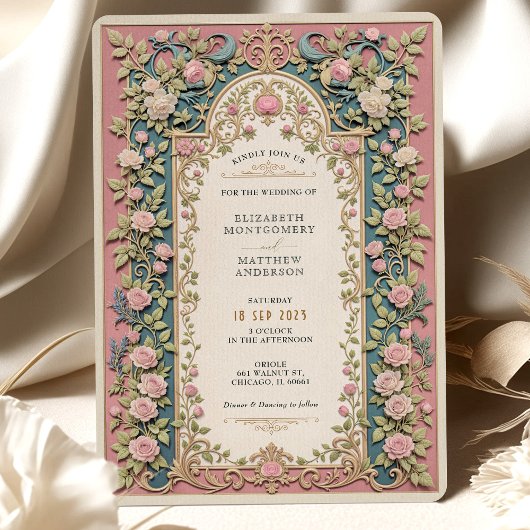 Invitation Luxueux Mariage victorien rose Roses & Or