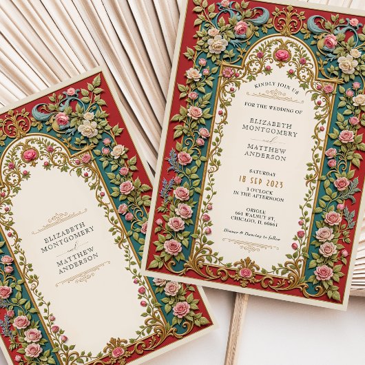 Invitation Luxueux Mariage victorien rose Roses Ornate