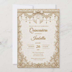 Invitation Luxueux Nœud en Dentelle d'Or et d'Ivoire pour Qui
