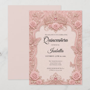 Invitation Luxueux Papillons Roses Fleur Quinceañera