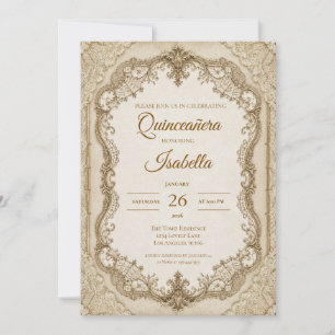 Invitation Luxueux Quinceañera en dentelle d'ivoire et or