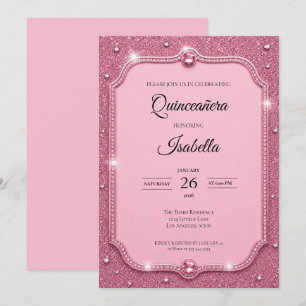 Invitation Luxueux Quinceañera Paillettes Roses Strass