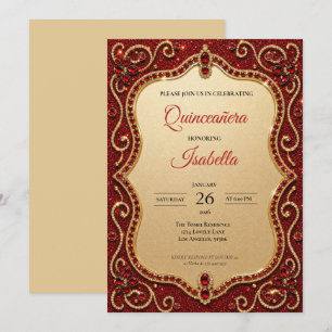 Invitation Luxueux Quinceañera Paillettes Rouges Strass